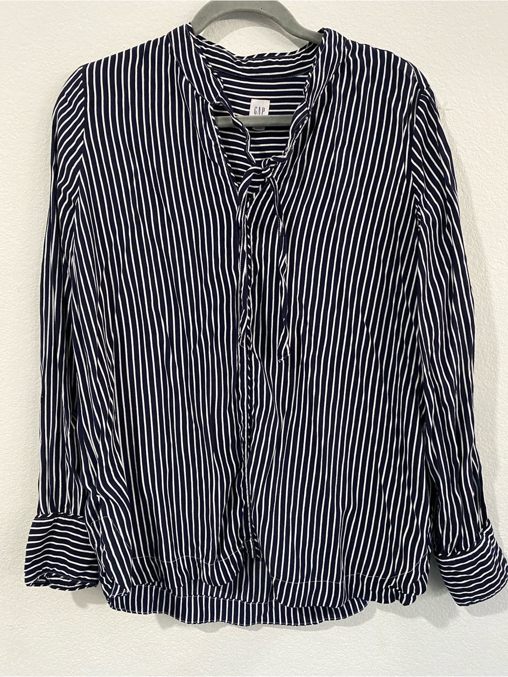 GAP Navy and White Vertical Stripe Tie-Neck Shirt